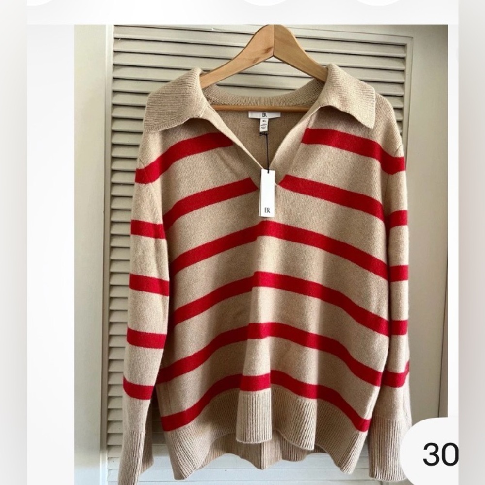 Banana Republic CASHMERE V-Neck Sweater in Red and Tan Stripes